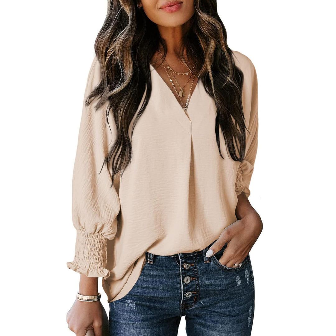 Damen V-Ausschnitt Bluse mit lässigen Ballonärmeln und Rüschendetails EB