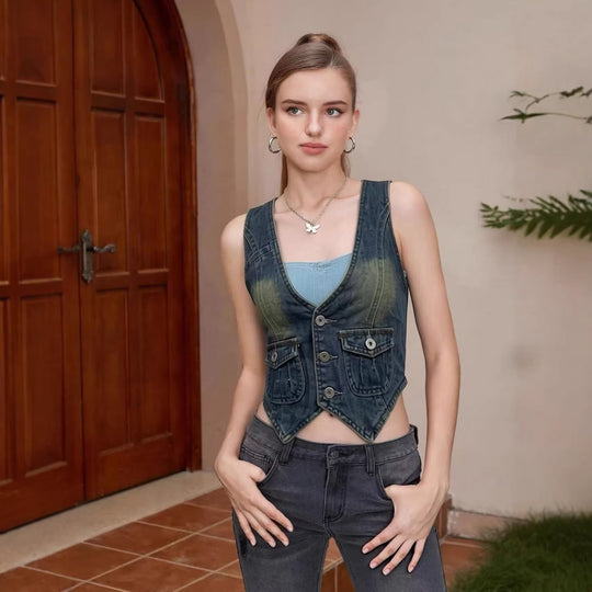 Damen ärmellose Denim-Weste mit aufgesetzten Taschen und tiefem V-Ausschnitt EB