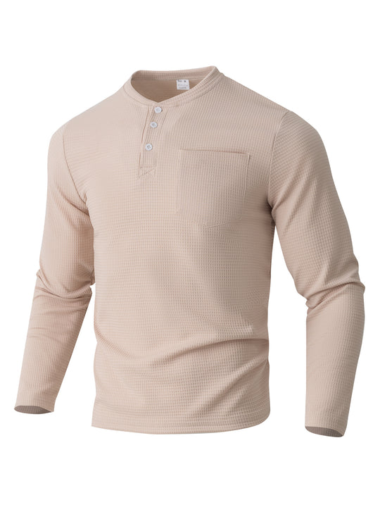 Herren nan Langarm Henley mit Waffelstruktur und Brusttasche thermisches Langarmshirt EB