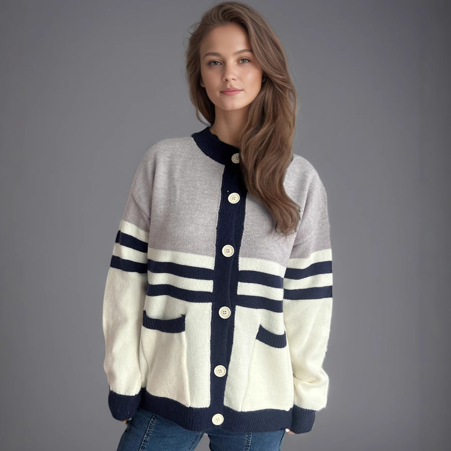 Damen Strickjacke mit modischen Streifen und praktischen Taschen EB