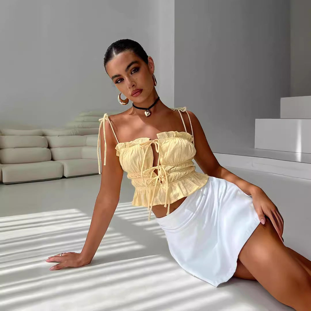 Damen Crop-Top mit dekorativem Kordelzug und Rüschendetails EB