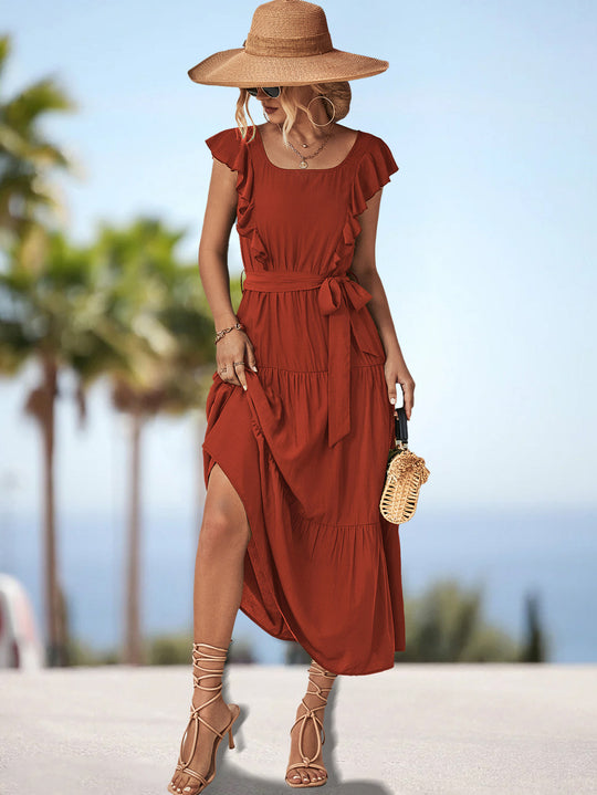 Damen Maxikleid mit Rüschendetails und tailliertem Gürtel EB