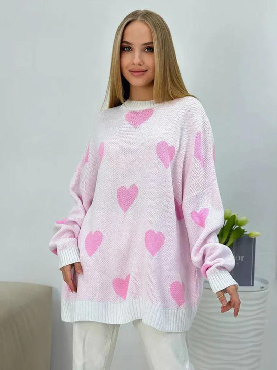Damen Oversize Strickpullover mit Herz‑Motiv, Rippbündchen & weiter Silhouette EB