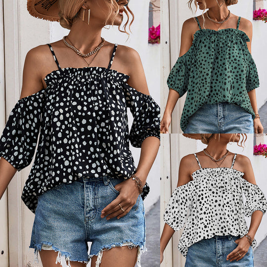 Damen Off-Shoulder Blusenshirt mit Rüschendetails und tierischem Print EB