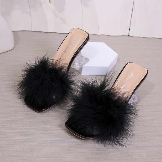 Damen transparente Mules mit flauschigem Flausche-Akzent EB