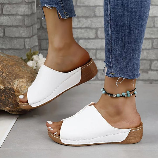 Damen Offene Komfort‑Mules mit gepolstertem Fußbett und Korkoptik‑Plateau EB