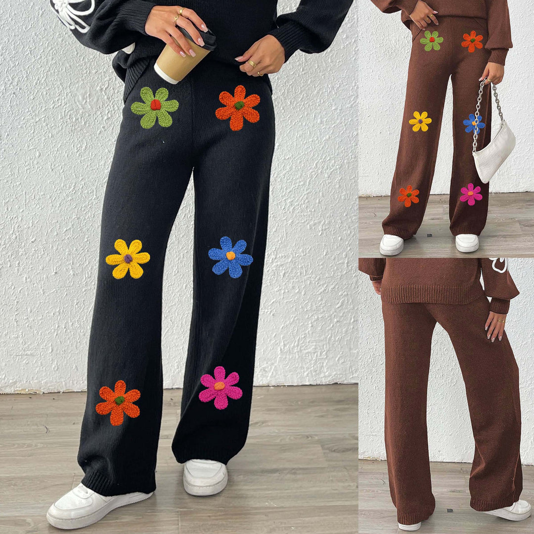 Damen lässige Strickhose mit bunten Blumenapplikationen EB