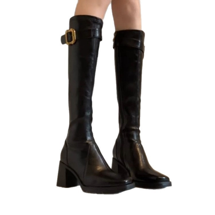 Damen Stiefel mit elegantem Blockabsatz und modischem Schnallenverschluss EB