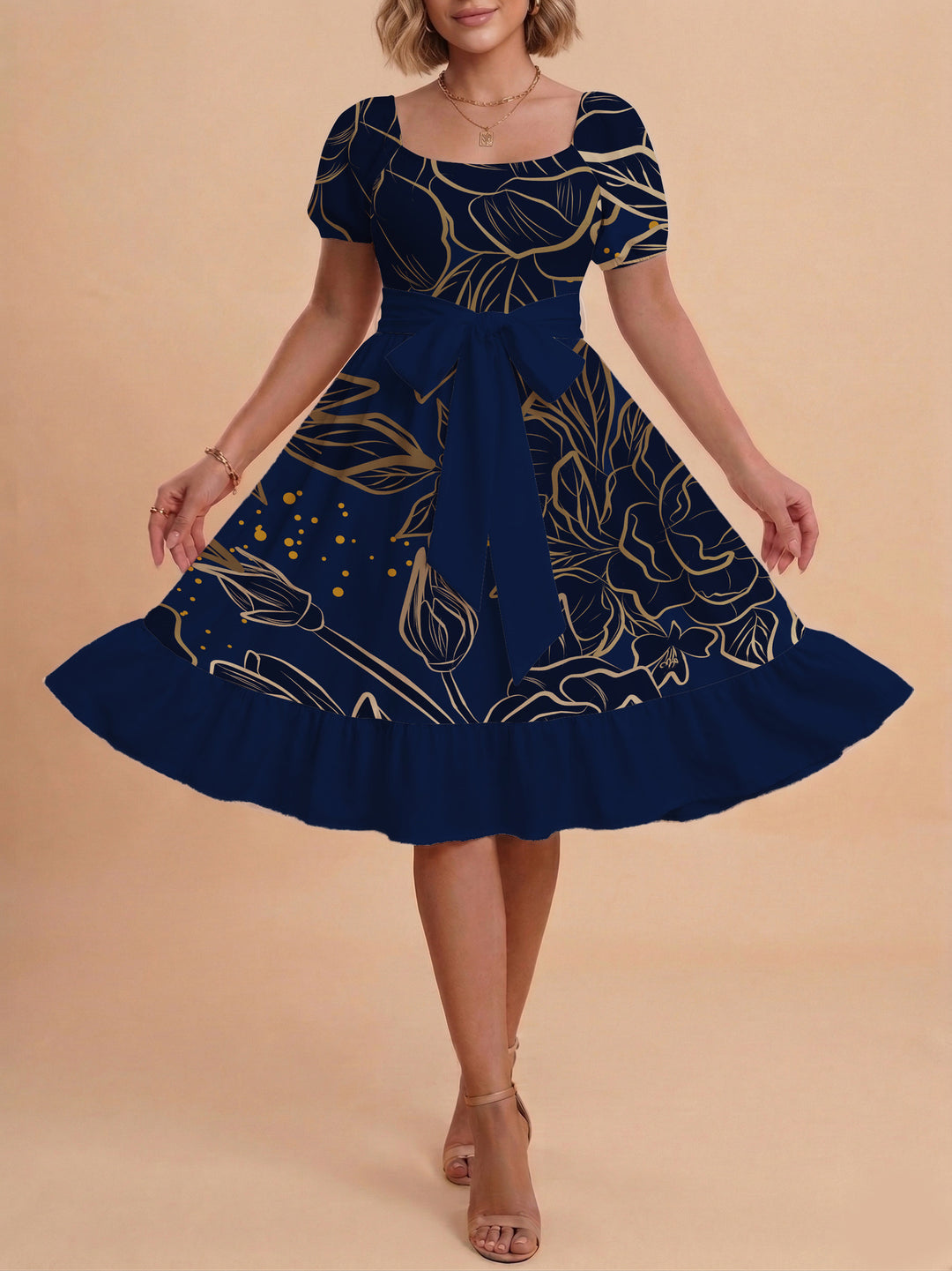 Damen A-Linien-Kleid mit floralen Motiven und taillierbarem Gürtel EB