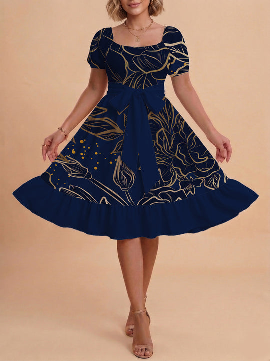 Damen A-Linien-Kleid mit floralen Motiven und taillierbarem Gürtel EB
