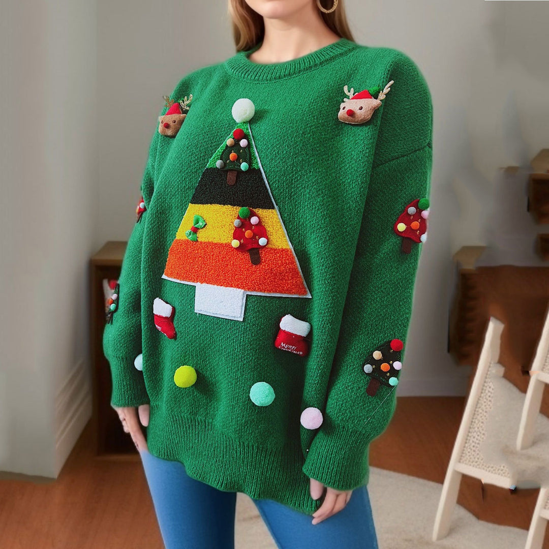 Damen Weihnachts-Pullover mit fröhlichem Weihnachtsbaum-Design und 3D-Applikationen EB