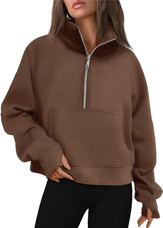 Damen nan cropped Halbzip-Sweatshirt mit hohem Stehkragen, Kängurutasche und überschnittener Schulter EB