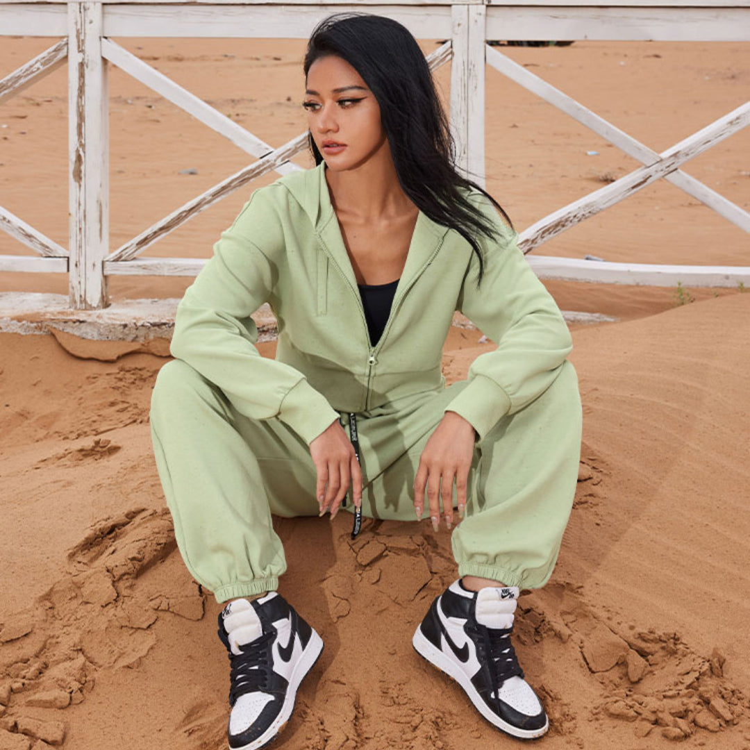 Damen Zweiteiliges Cropped Reißverschluss-Hoodie mit elastischer High-Waist Jogginghose EB