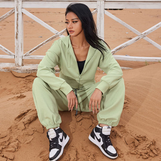 Damen Zweiteiliges Cropped Reißverschluss-Hoodie mit elastischer High-Waist Jogginghose EB