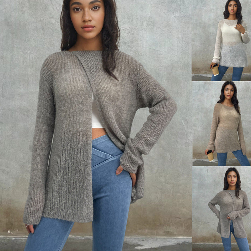 Damen luftiger Pullover aus transparenter Strickware EB