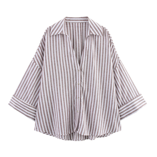Damen lässige Bluse mit voluminösen Ärmeln und durchgehender Knopfleiste EB
