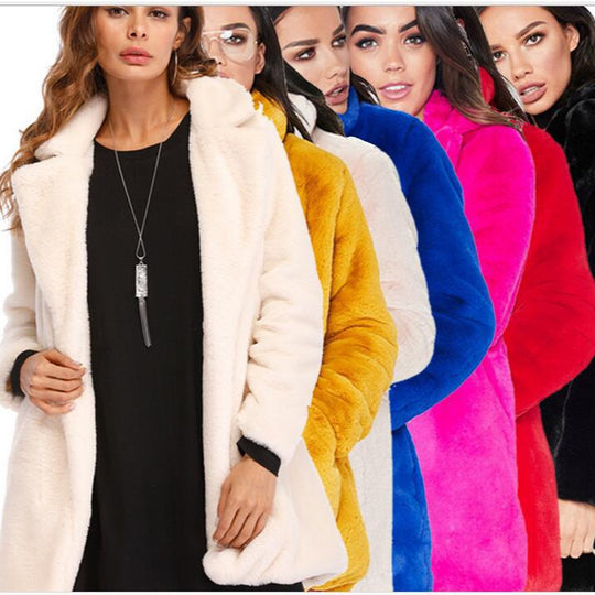 Damen Flauschige Langjacke aus Kunstpelz mit Kapuze EB