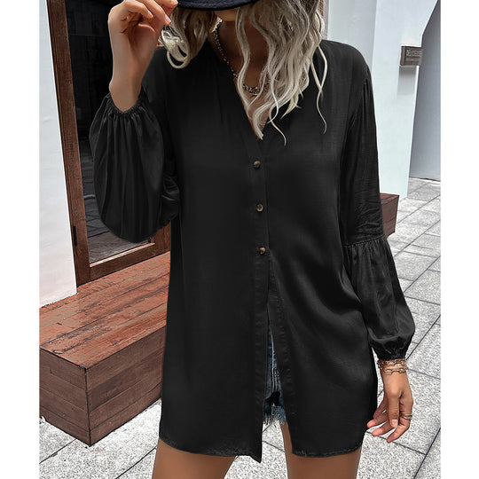 Damen lässige Bluse mit V-Ausschnitt und Ballonärmeln EB