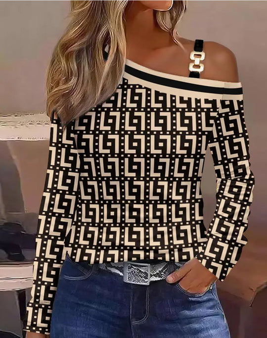 Damen Off-Shoulder Oberteil mit modischem Muster und dekorativen Trägern EB
