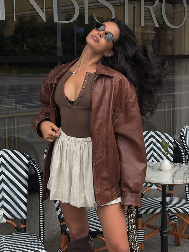 Damen lässige Kunstlederjacke im Oversized-Stil EB