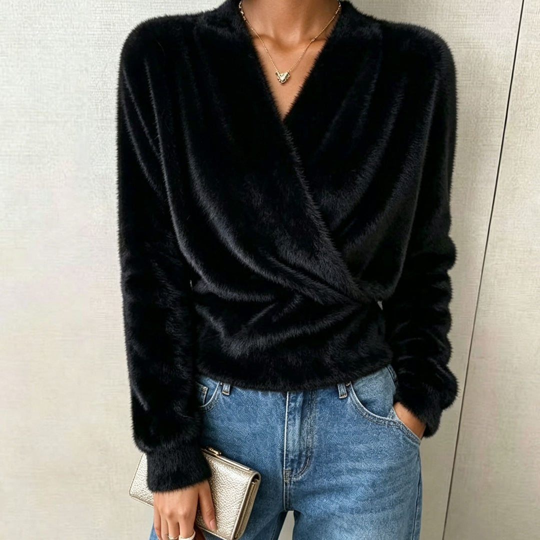 Damen Kuscheliger Wickel‑Pullover aus Faux‑Fur mit tiefem V‑Ausschnitt EB