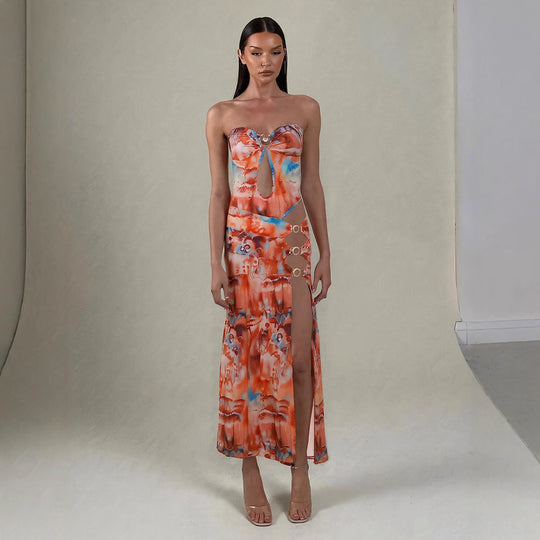Damen Maxikleid mit raffinierten Cut-Outs und eleganten Riemen EB
