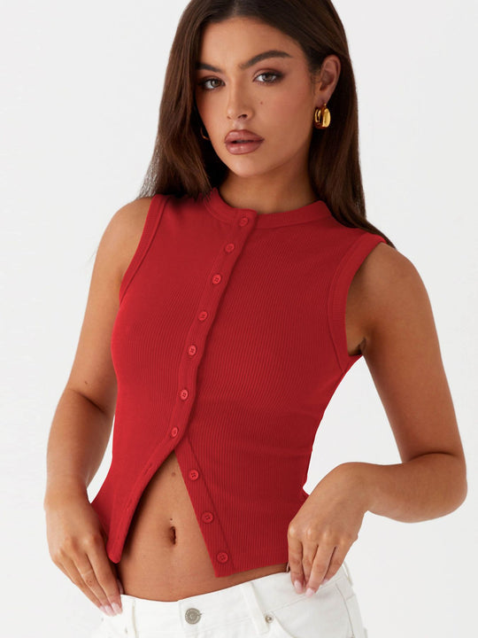 Damen ärmelloses Knopfschalenshirt aus Rippenstoff mit modernem Schnitt EB
