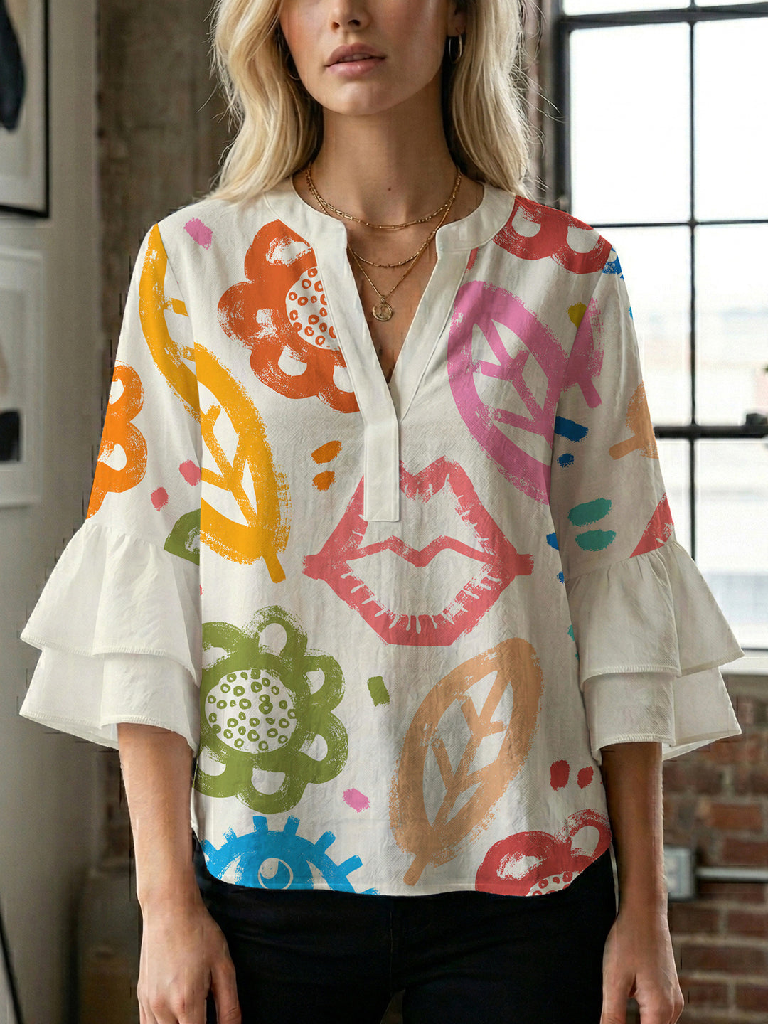 Damen Bluse mit voluminösen Rüschenärmeln und floralem Muster EB