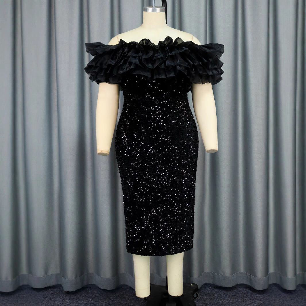 Damen Elegantes Abendkleid mit voluminösen Rüschen und funkelnden Pailletten EB