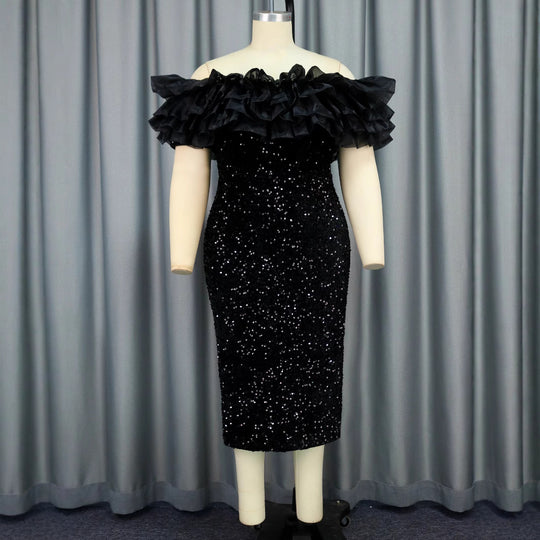 Damen Elegantes Abendkleid mit voluminösen Rüschen und funkelnden Pailletten EB