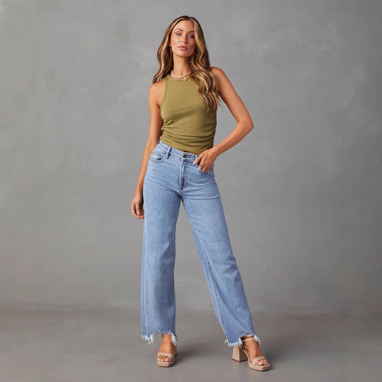Damen Weit geschnittene Jeans mit fransigem Saum EB