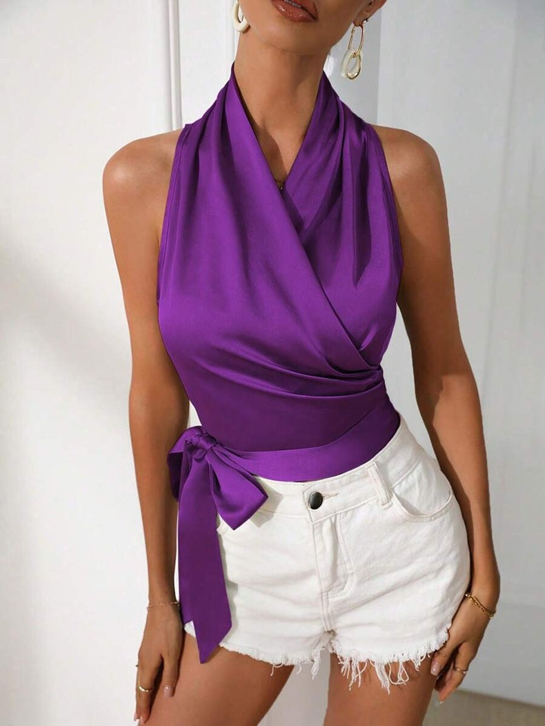 Damen Wickel-Top mit tailliertem Satinband EB
