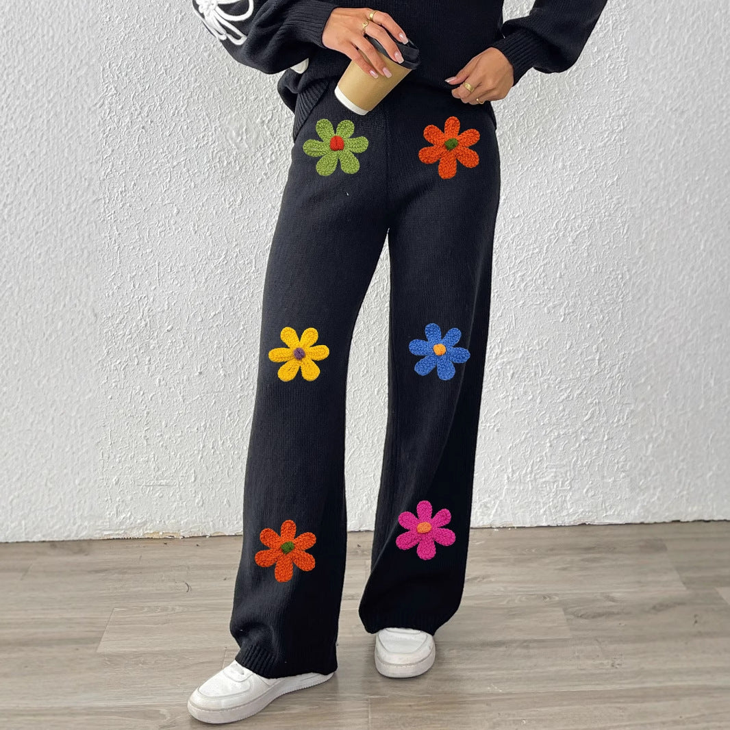 Damen lässige Strickhose mit bunten Blumenapplikationen EB