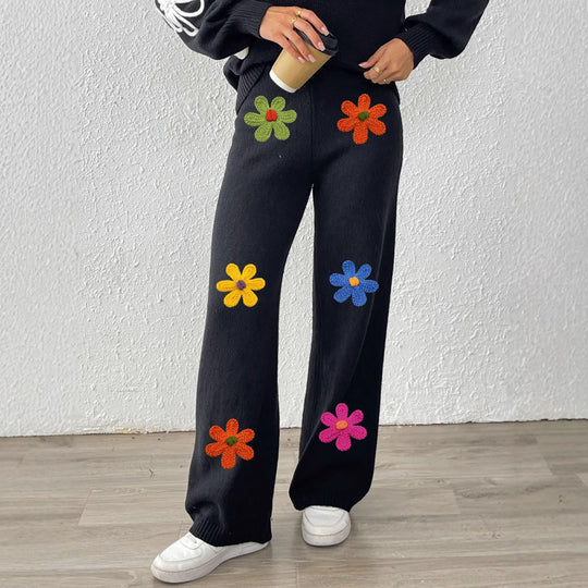 Damen lässige Strickhose mit bunten Blumenapplikationen EB
