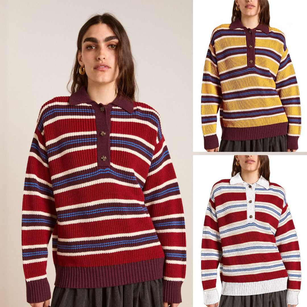 Damen Oversize Strickpullover mit Polokragen & mehrlagigem Streifenrelief EB