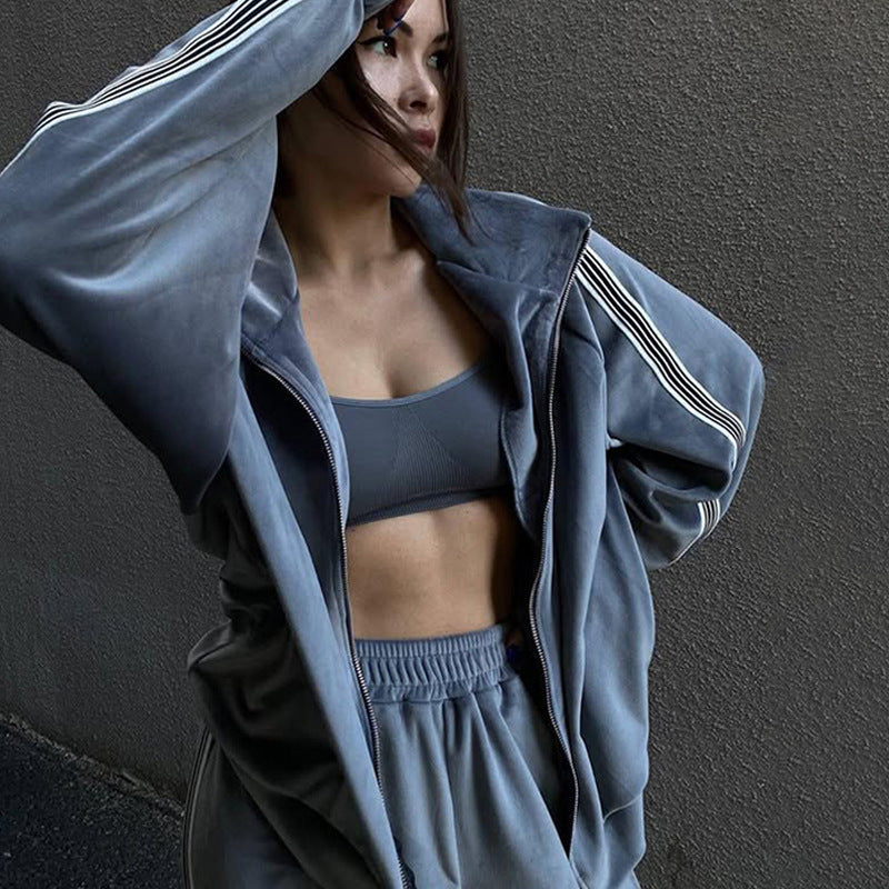 Damen sportliches Fleece-Loungewear-Set mit hohem Kragen und elastischem Bund EB