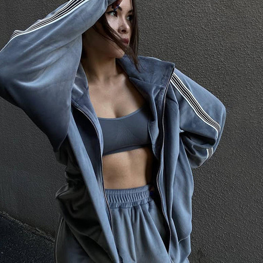 Damen sportliches Fleece-Loungewear-Set mit hohem Kragen und elastischem Bund EB