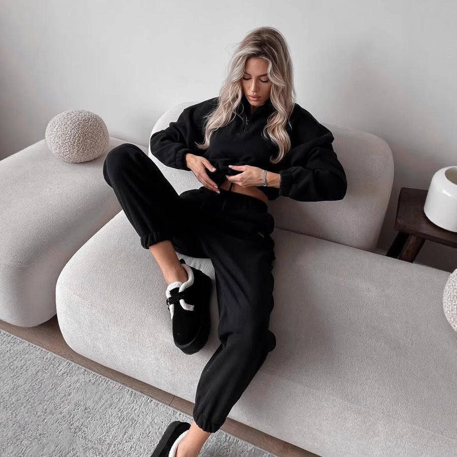 Damen Ultraweiches Fleece-Relaxset mit Stehkragen, halbem Reißverschluss und elastischer Schlupfhose EB
