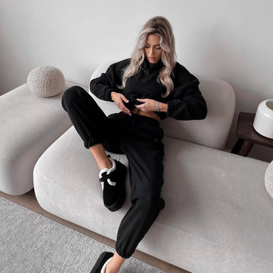 Damen Ultraweiches Fleece-Relaxset mit Stehkragen, halbem Reißverschluss und elastischer Schlupfhose EB