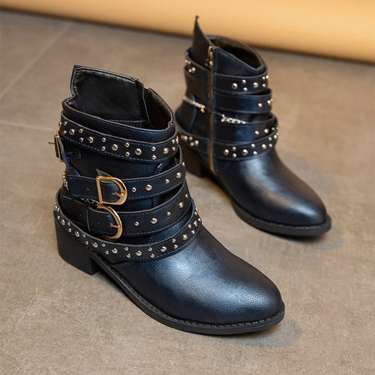 Damen Trendige Schnürstiefeletten mit dekorativen Riemen und glänzenden Akzenten EB