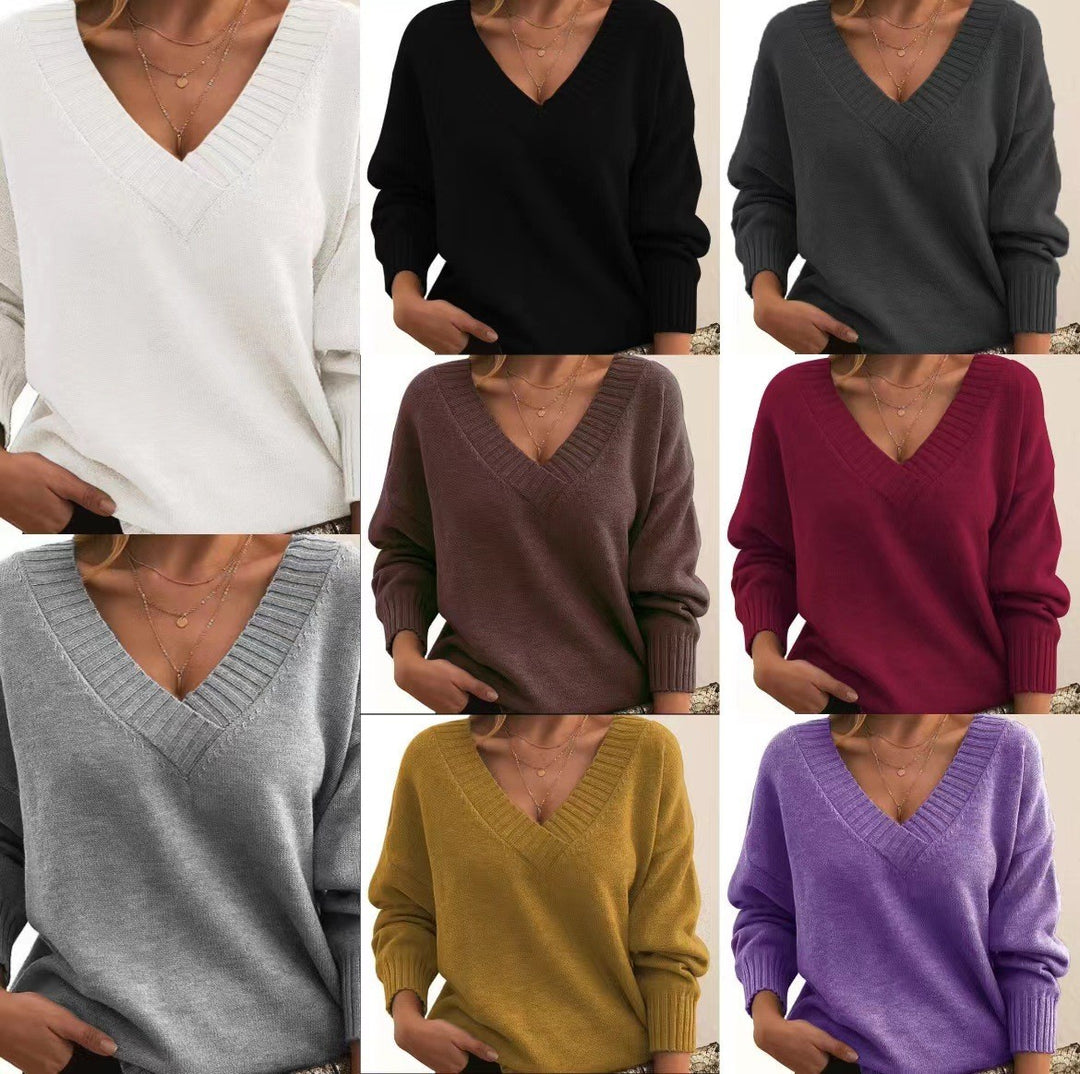 Damen nan Oversized V-Ausschnitt Strickpullover mit gerippten Bündchen EB