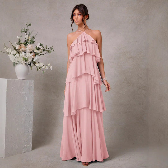 Damen Maxikleid mit voluminösen Rüschendetails und elegantem V-Ausschnitt EB