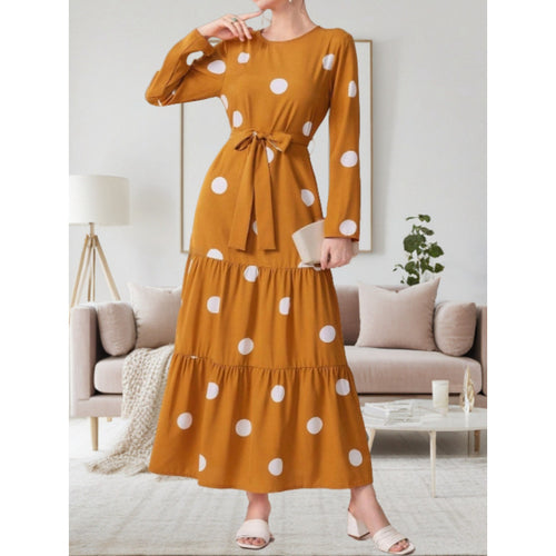 Damen Maxikleid mit buntem Polka-Dot-Muster und Taillengürtel EB