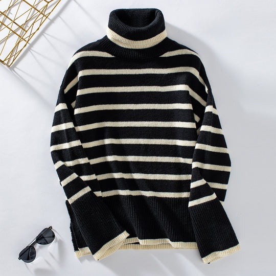 Damen modischer Rollkragenpullover mit breiten Streifen und lässigem Schnitt EB