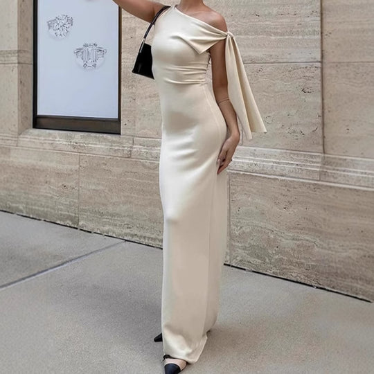 Damen Elegantes Maxikleid mit asymmetrischem Schulterdesign und tiefem V-Ausschnitt EB
