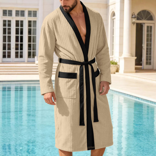 Herren nan wadenlanger Rippen-Bademantel im Kimono-Stil mit Schalkragen und Kontrastpaspel EB