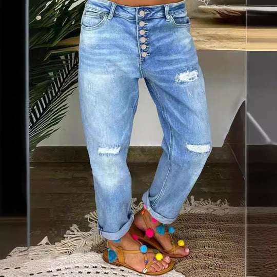 Damen Boyfriend Jeans mit Knopfleiste und distressed Effekten EB