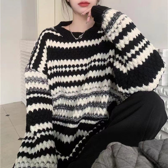 Damen gemusterter Strickpullover mit strukturiertem Gewebe und lässigem Schnitt EB