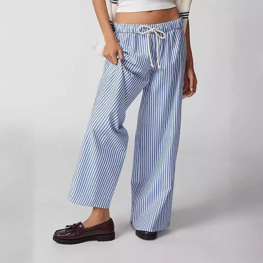 Damen Weite Streifenhose mit elastischem Bund und Bindegürtel EB