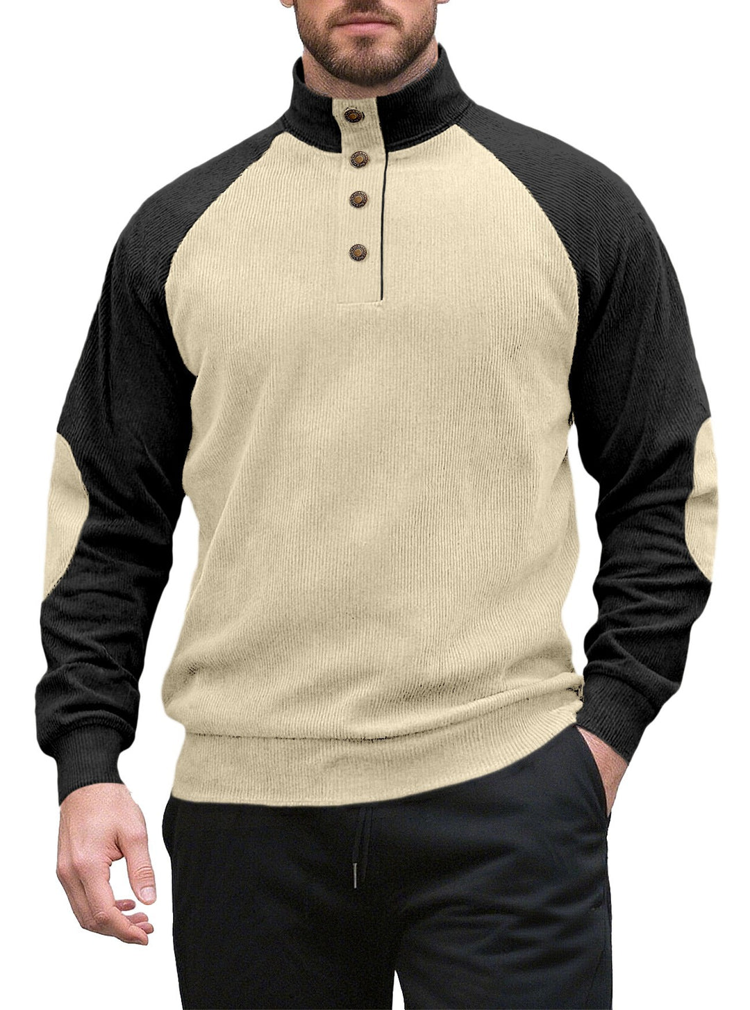 Herren nan zweifarbiger Ripptroyer mit asymmetrischer Knopfleiste und Velours-Ellbogenpatch EB